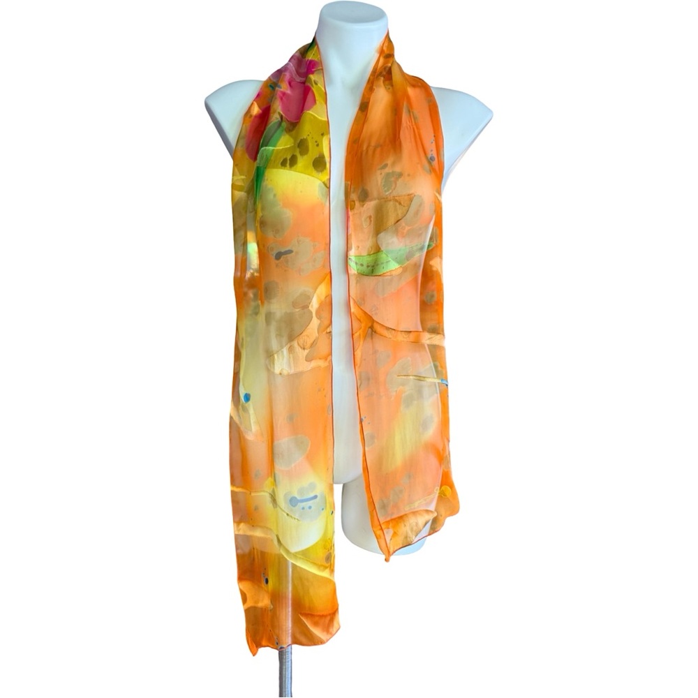 Sheer Vibrant Abstract Iridescent Painted Chiffon Scarf 64 x 8” Art to Wear